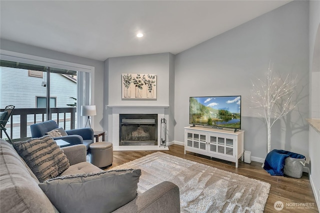 17311 119th Ln SE Unit J4, Renton, WA 98058 - living room with a fireplace, wood finished floors, baseboards, and recessed lighting