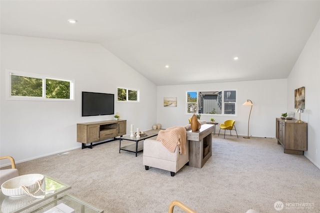 20347 86th Pl NE, Bothell, WA 98011 - living area featuring lofted ceiling, light carpet, baseboards, and recessed lighting
