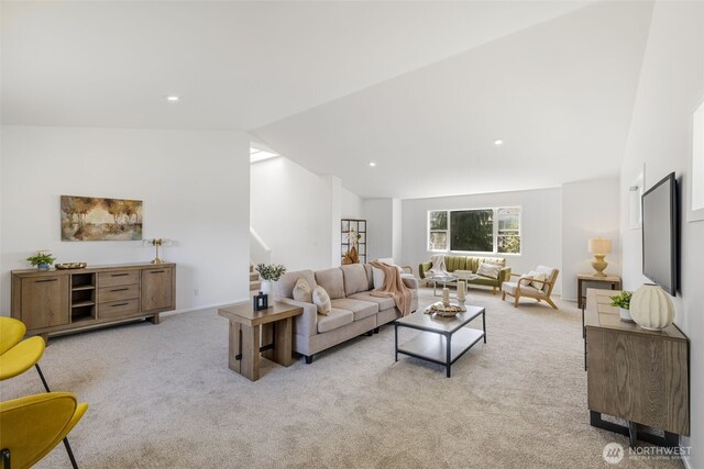 20347 86th Pl NE, Bothell, WA 98011 - living room featuring carpet, vaulted ceiling, recessed lighting, and baseboards