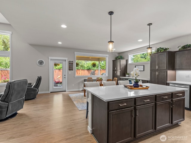 752 Parkland Loop, Sedro Woolley, WA 98284 - kitchen featuring dishwasher, open floor plan, light countertops, light wood-type flooring, and dark brown cabinetry