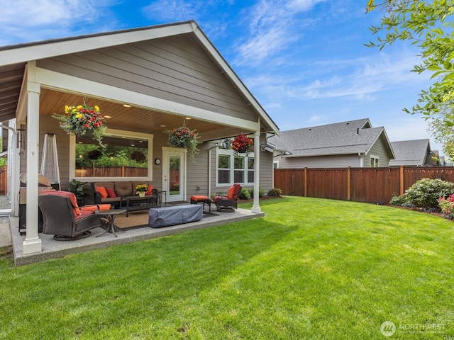 752 Parkland Loop, Sedro Woolley, WA 98284 - rear view of house with an outdoor living space, a fenced backyard, and a patio area