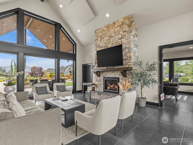 752 Parkland Loop, Sedro Woolley, WA 98284 - living room with a stone fireplace and high vaulted ceiling