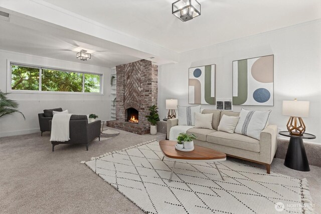19203 Whitman Ave N, Shoreline, WA 98133 - living area featuring carpet floors, a brick fireplace, and baseboards