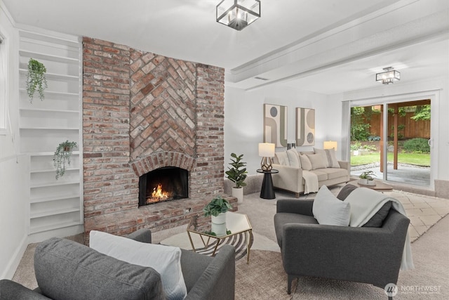 19203 Whitman Ave N, Shoreline, WA 98133 - carpeted living room featuring a brick fireplace and beamed ceiling