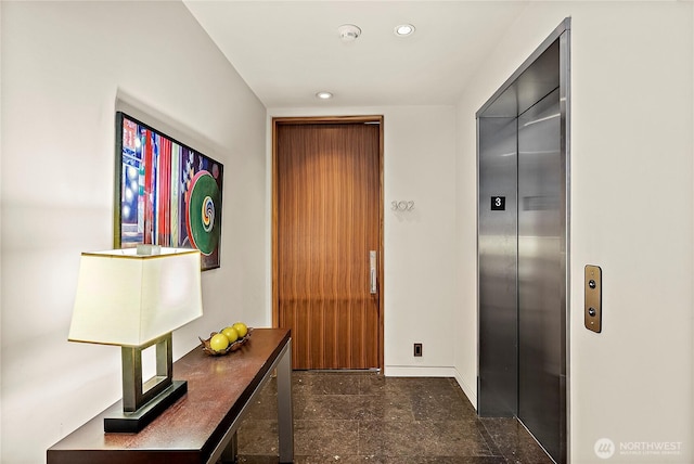 302 N Stadium Way Unit 302, Tacoma, WA 98403 - doorway to outside featuring elevator, recessed lighting, baseboards, and granite tiled floors