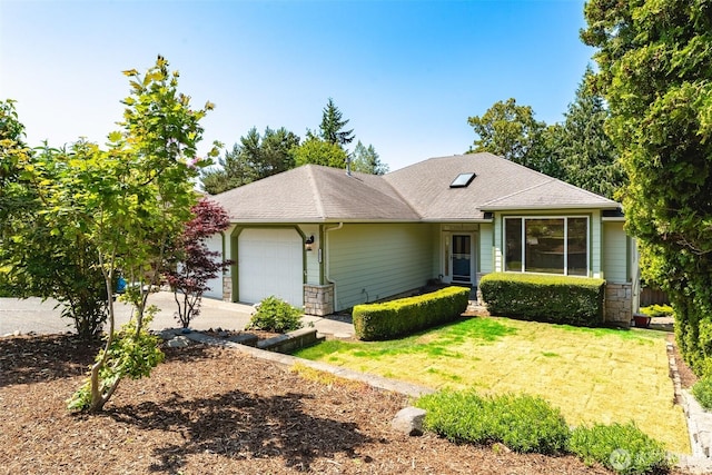 2921 Haggin St, Bellingham, WA 98226 - view of front of home with a garage, concrete driveway, roof with shingles, a front lawn, and stone siding