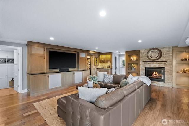 3404 Shorecliff Dr NE, Tacoma, WA 98422 - living area with a fireplace, recessed lighting, light wood-style flooring, and built in shelves