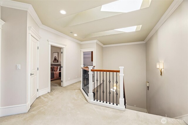 8380 SE 43rd St, Mercer Island, WA 98040 - corridor featuring an upstairs landing, light carpet, a skylight, recessed lighting, and baseboards