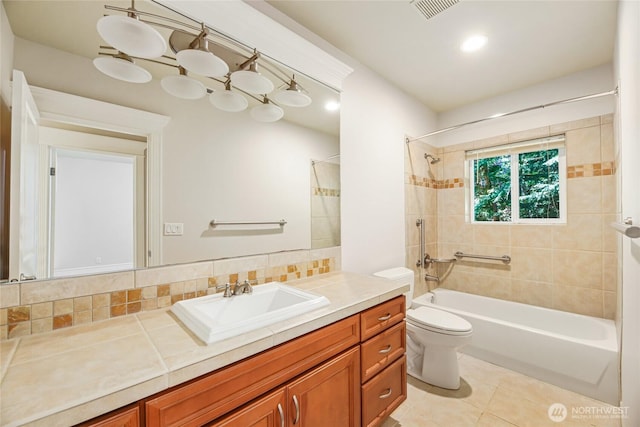8380 SE 43rd St, Mercer Island, WA 98040 - full bathroom with vanity, tile patterned floors, washtub / shower combination, toilet, and backsplash