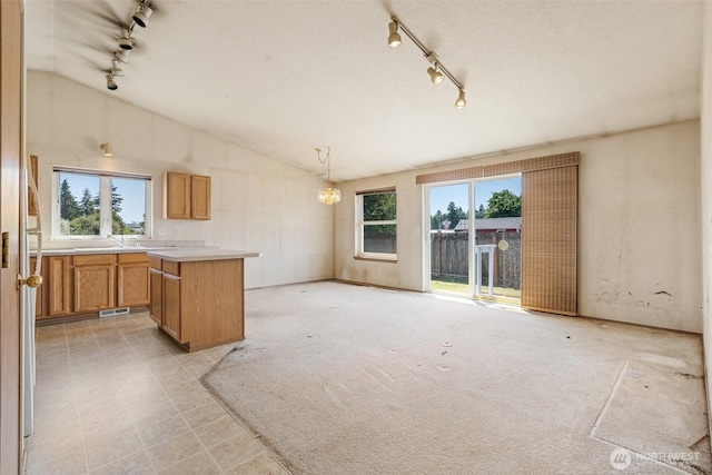 9445 181st Way SW, Rochester, WA 98579 - unfurnished living room with track lighting, lofted ceiling, and a chandelier