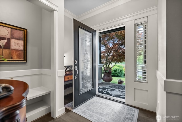 22412 SE 283rd St, Maple Valley, WA 98038 - foyer featuring crown molding, plenty of natural light, and dark wood-style floors