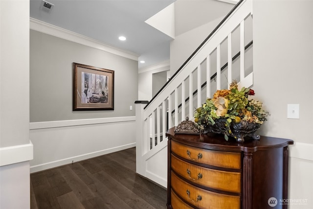 22412 SE 283rd St, Maple Valley, WA 98038 - stairway featuring ornamental molding, wood finished floors, and recessed lighting