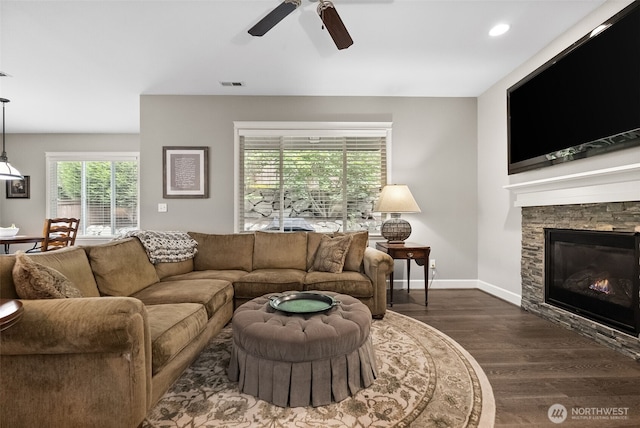 22412 SE 283rd St, Maple Valley, WA 98038 - living area featuring ceiling fan, dark wood-type flooring, a fireplace, and recessed lighting