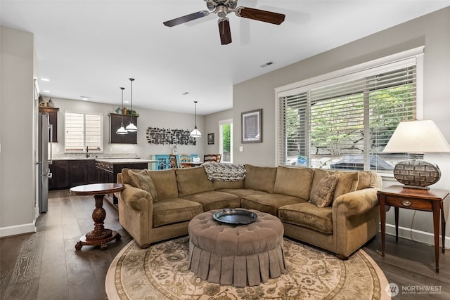 22412 SE 283rd St, Maple Valley, WA 98038 - living area featuring wood-type flooring, a ceiling fan, and recessed lighting