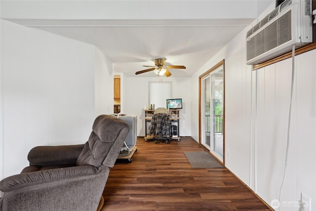 35605 158th St SE, Sultan, WA 98294 - living area with dark wood-style floors, an office area, a ceiling fan, and a wall unit AC