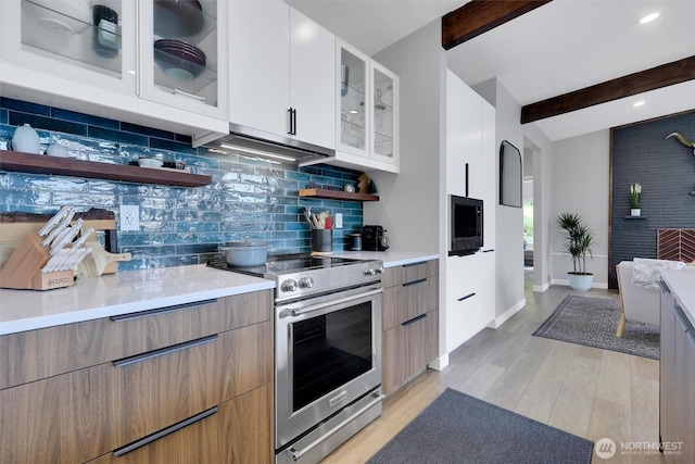 4902 Weber Rd, Snohomish, WA 98290 - kitchen featuring stainless steel range with electric cooktop, modern cabinets, open shelves, decorative backsplash, and beam ceiling
