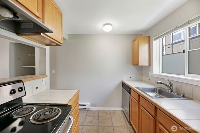 1132 N 198th St Unit C204, Shoreline, WA 98133 - kitchen featuring range with electric stovetop, tile counters, a baseboard radiator, under cabinet range hood, and stainless steel dishwasher