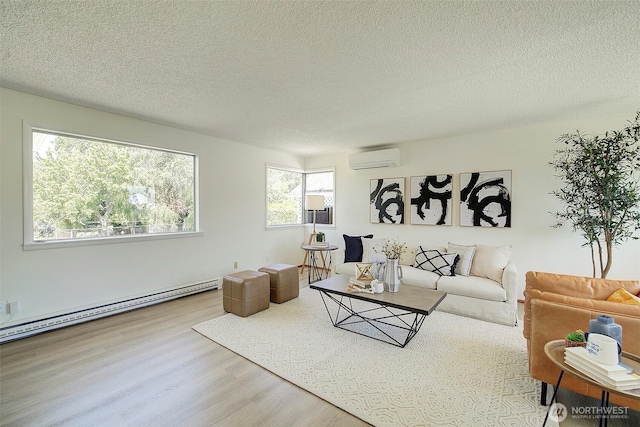 6424 32nd Ave S, Seattle, WA 98118 - living area with a wall unit AC, wood finished floors, a textured ceiling, and a baseboard radiator