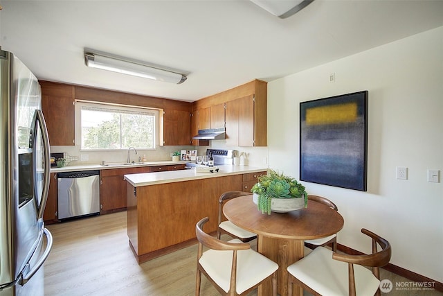 6424 32nd Ave S, Seattle, WA 98118 - kitchen featuring appliances with stainless steel finishes, a peninsula, light countertops, light wood-style floors, and under cabinet range hood