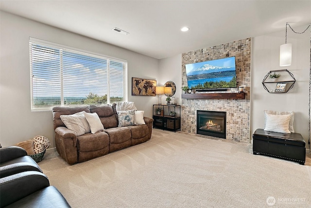 2237 55th St SE, Auburn, WA 98092 - carpeted living room featuring a large fireplace and recessed lighting