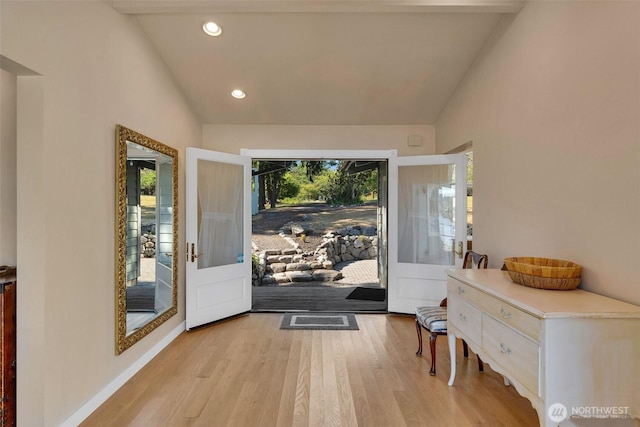 1794 Bayshore Rd, Lopez Island, WA 98261 - entryway with lofted ceiling, light wood-style floors, recessed lighting, and baseboards