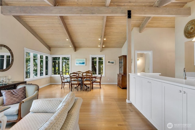1794 Bayshore Rd, Lopez Island, WA 98261 - living room with wood ceiling, healthy amount of natural light, baseboards, and light wood-style floors