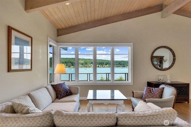 1794 Bayshore Rd, Lopez Island, WA 98261 - living room featuring healthy amount of natural light, wood finished floors, a water view, and wood ceiling