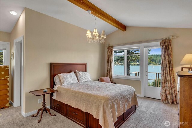 1794 Bayshore Rd, Lopez Island, WA 98261 - bedroom with multiple windows, access to outside, light colored carpet, a chandelier, and recessed lighting