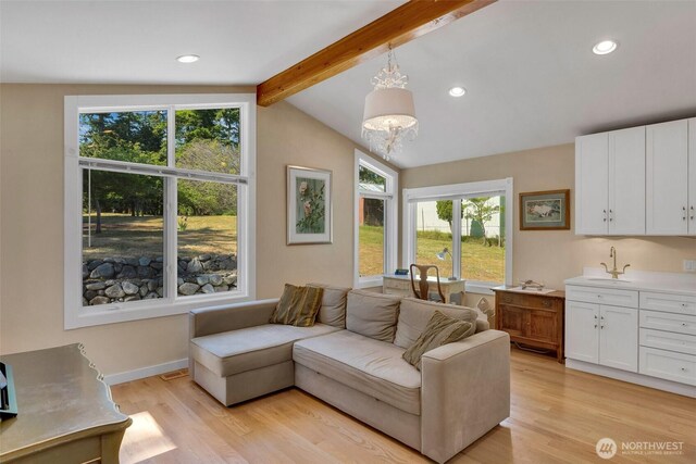 1794 Bayshore Rd, Lopez Island, WA 98261 - living room featuring light wood-style flooring, recessed lighting, and a chandelier