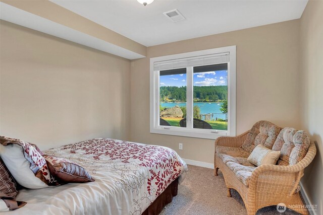 1794 Bayshore Rd, Lopez Island, WA 98261 - bedroom featuring carpet flooring, baseboards, and a water view