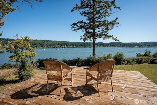 1794 Bayshore Rd, Lopez Island, WA 98261 - wooden deck with a water view and a forest view