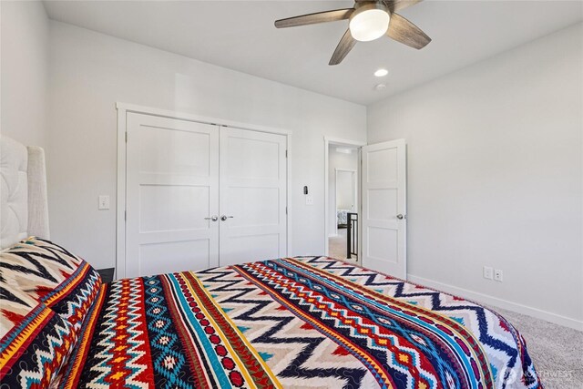 7724 16th Ave SW, Seattle, WA 98106 - bedroom featuring carpet flooring, a closet, baseboards, ceiling fan, and recessed lighting
