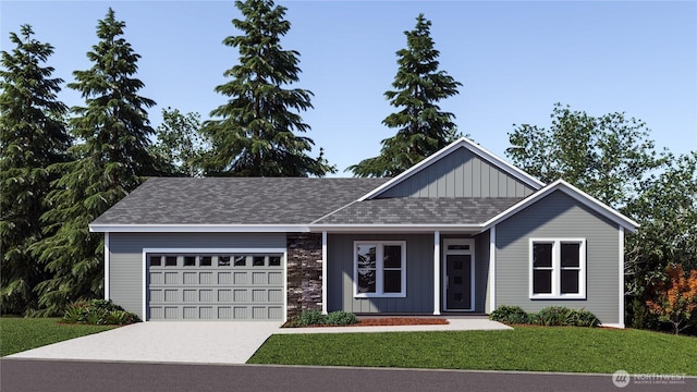 1103 Whidbey St, Bellingham, WA 98229 - ranch-style home with board and batten siding, a garage, a front lawn, concrete driveway, and roof with shingles