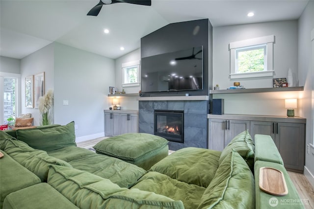 366 Lake View Loop NE, Ocean Shores, WA 98569 - living room featuring light wood-style flooring, ceiling fan, baseboards, a fireplace, and recessed lighting