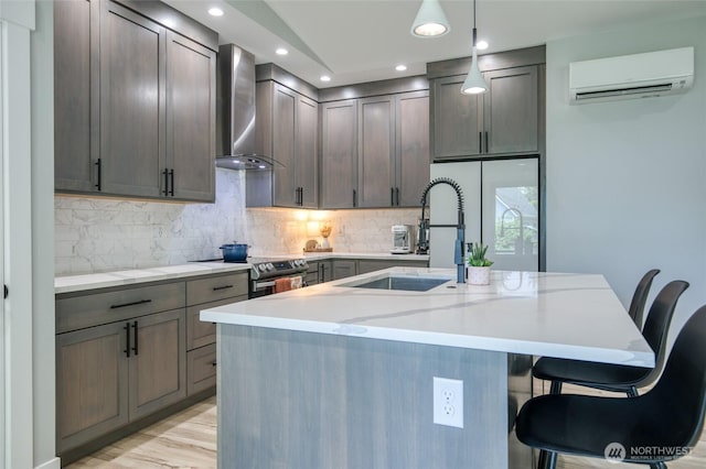 366 Lake View Loop NE, Ocean Shores, WA 98569 - kitchen featuring wall chimney range hood, electric range, an AC wall unit, recessed lighting, and backsplash
