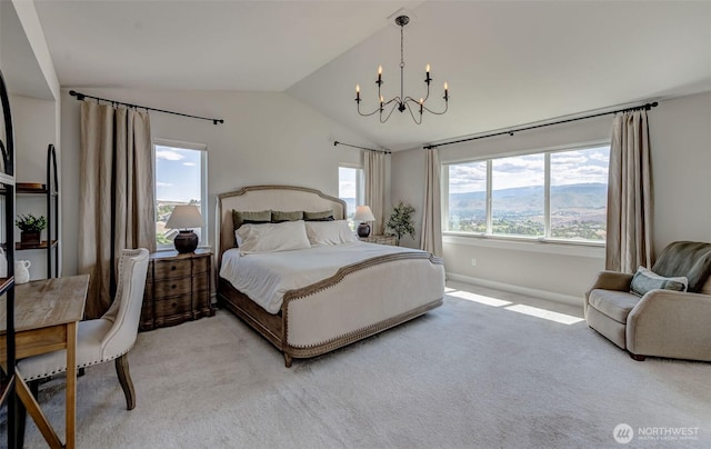 107 Lone Ram Ln, Wenatchee, WA 98801 - bedroom with a chandelier, lofted ceiling, light carpet, and baseboards