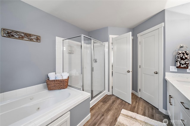 1314 N 182nd Pl, Shoreline, WA 98133 - full bathroom with a shower stall, a whirlpool tub, wood finished floors, and vanity