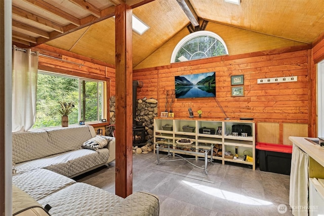 60018 Index Galena Rd, Sultan, WA 98294 - living room featuring lofted ceiling and wooden walls
