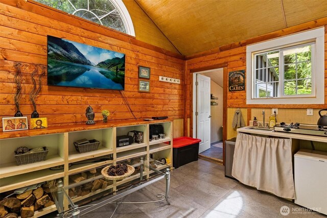 60018 Index Galena Rd, Sultan, WA 98294 - home office featuring vaulted ceiling, a sink, wooden walls, and wooden ceiling