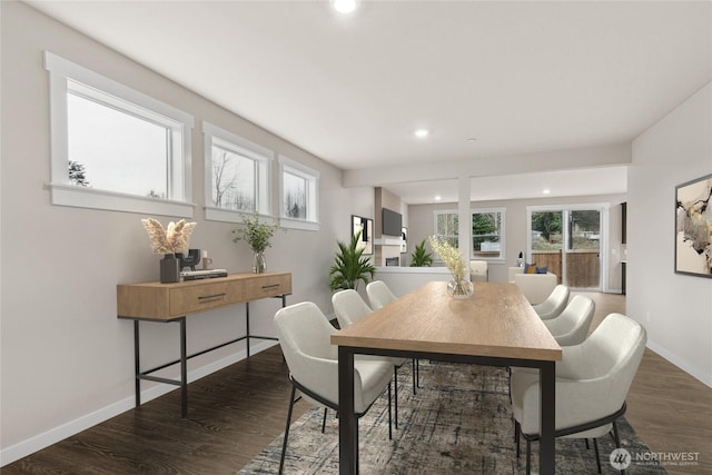 13487 NE 105th Ct Unit 11, Kirkland, WA 98033 - dining area with recessed lighting, dark wood-style flooring, and baseboards