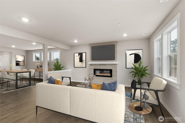 13487 NE 105th Ct Unit 11, Kirkland, WA 98033 - living area featuring recessed lighting, a tile fireplace, dark wood-style floors, and baseboards