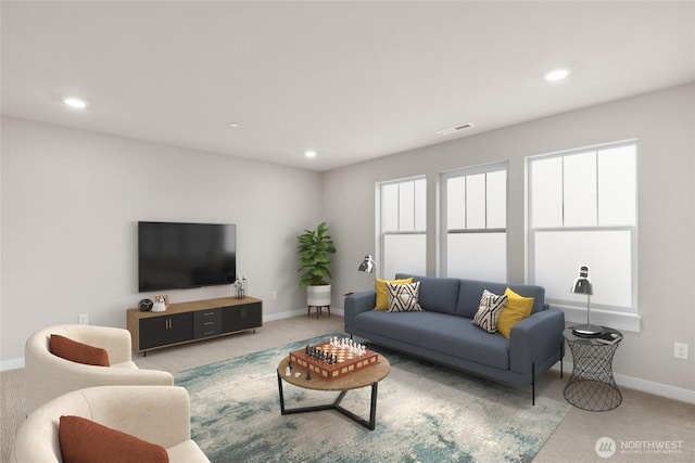 13487 NE 105th Ct Unit 11, Kirkland, WA 98033 - living room featuring carpet flooring, baseboards, and recessed lighting