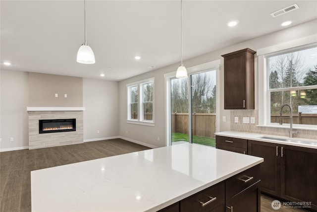 13487 NE 105th Ct Unit 11, Kirkland, WA 98033 - kitchen featuring a sink, dark wood-style flooring, a tile fireplace, dark brown cabinetry, and recessed lighting