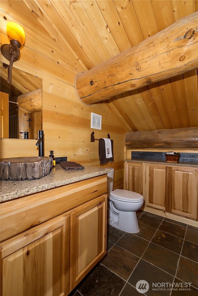 18680 US Highway 2, Lake Wenatchee, WA 98826 - half bathroom with vanity, wood ceiling, vaulted ceiling, toilet, and wood walls