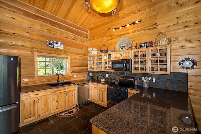 18680 US Highway 2, Lake Wenatchee, WA 98826 - kitchen featuring black range with electric stovetop, stainless steel dishwasher, a sink, freestanding refrigerator, and glass insert cabinets