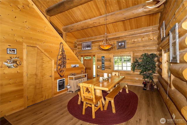 18680 US Highway 2, Lake Wenatchee, WA 98826 - dining room featuring log walls, wooden ceiling with exposed beams, and wood finished floors
