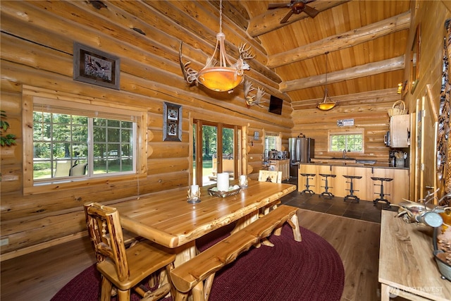 18680 US Highway 2, Lake Wenatchee, WA 98826 - dining space featuring wooden ceiling, ceiling fan, log walls, and dark wood-type flooring