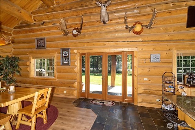18680 US Highway 2, Lake Wenatchee, WA 98826 - foyer entrance with rustic walls, wooden ceiling with exposed beams, french doors, and high vaulted ceiling