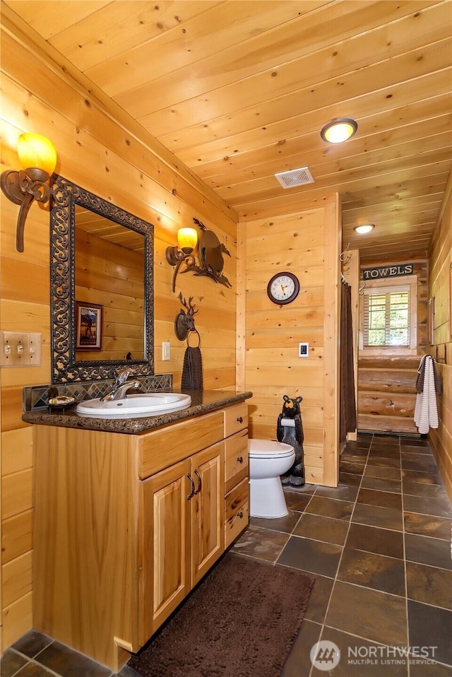18680 US Highway 2, Lake Wenatchee, WA 98826 - full bath featuring wooden ceiling, vanity, wooden walls, and toilet