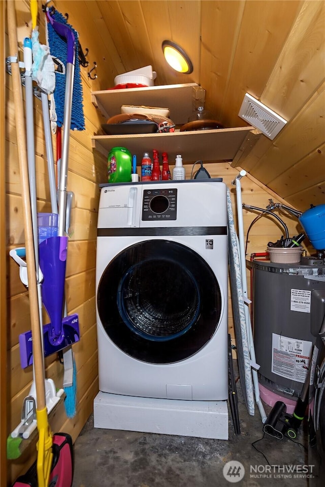 18680 US Highway 2, Lake Wenatchee, WA 98826 - laundry room featuring washer / clothes dryer, wood ceiling, water heater, and wooden walls